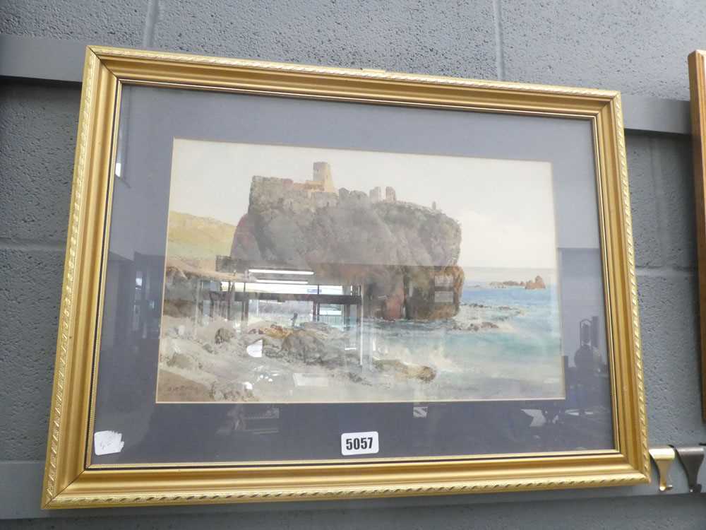 Watercolour of sea cliffs with castle