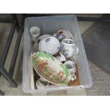 Box containing quantity of floral patterned crockery inc. cups and saucers, teapot, and