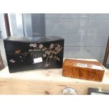 A burr walnut box and a Japanese export cherry blossom decorated jewellery box