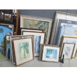 Quantity of prints to include coastal scenes, cattle and eucalyptus trees plus lady in striped