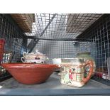 Cage containing slipware pottery, Doulton jug, Doulton over-painted vase, plus gaudy patterned