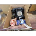 Box containing vintage telephone, playing cards and desk tidy