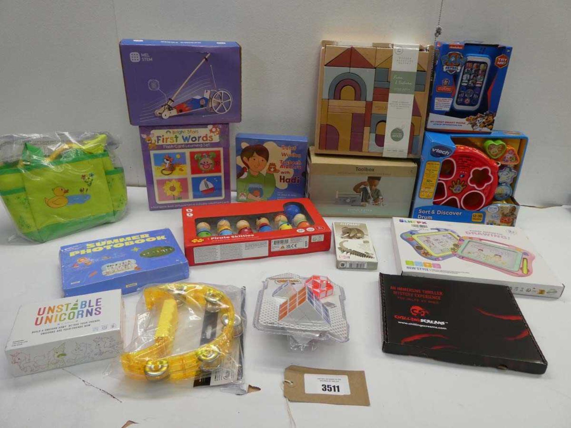 +VAT Assorted toys & games including Wooden building blocks,, Paw Patrol Smart phone, vtech drum,
