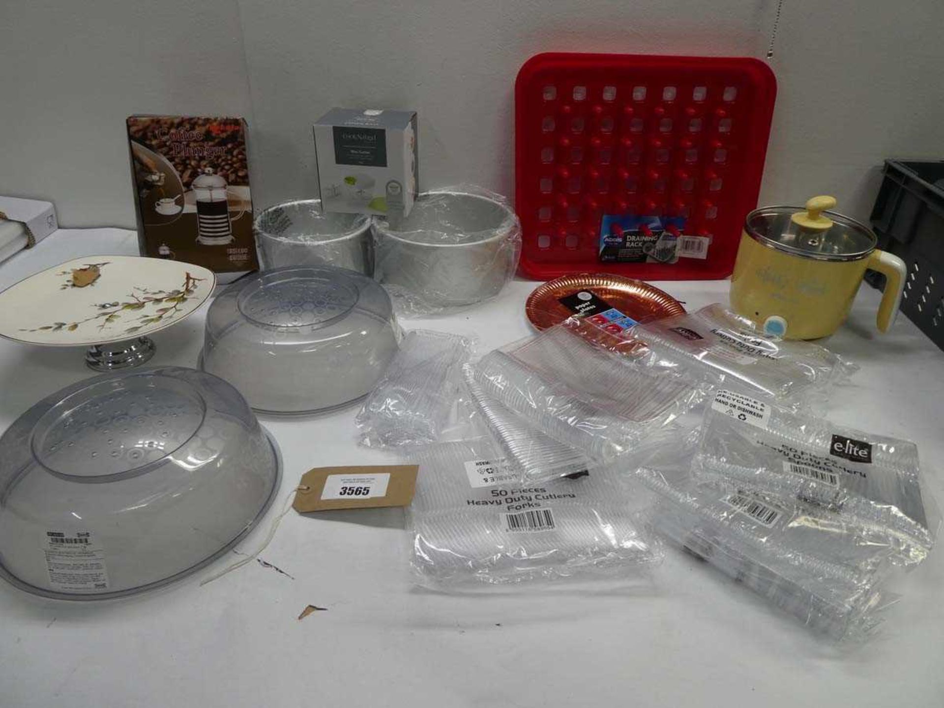 +VAT Coffee Plunger, draining rack, Mini cutter, baking tins, plate covers, cake stand, plastic