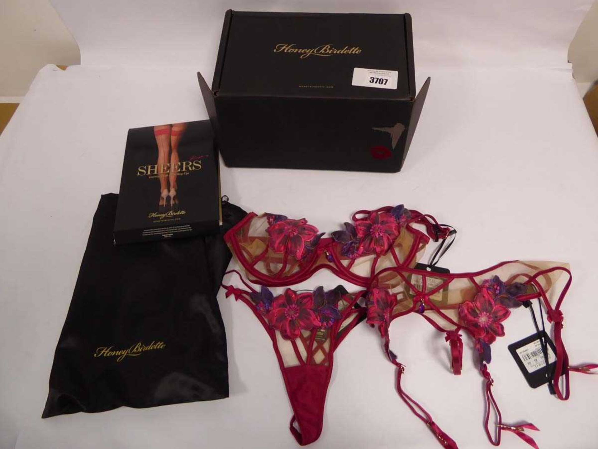 +VAT Honey Birdette box containing Mary May black cherry bra (32D), thong (XXS), suspenders (XS) and