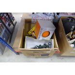 Box containing childrens toys to include Dinky die cast military vehicles, Meccano engine and