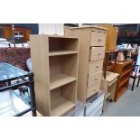 Beech finished open bookcase plus a narrow chest of five drawers