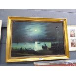 A late-20th century oil on canvas depicting a moonlight harbour scene (af)