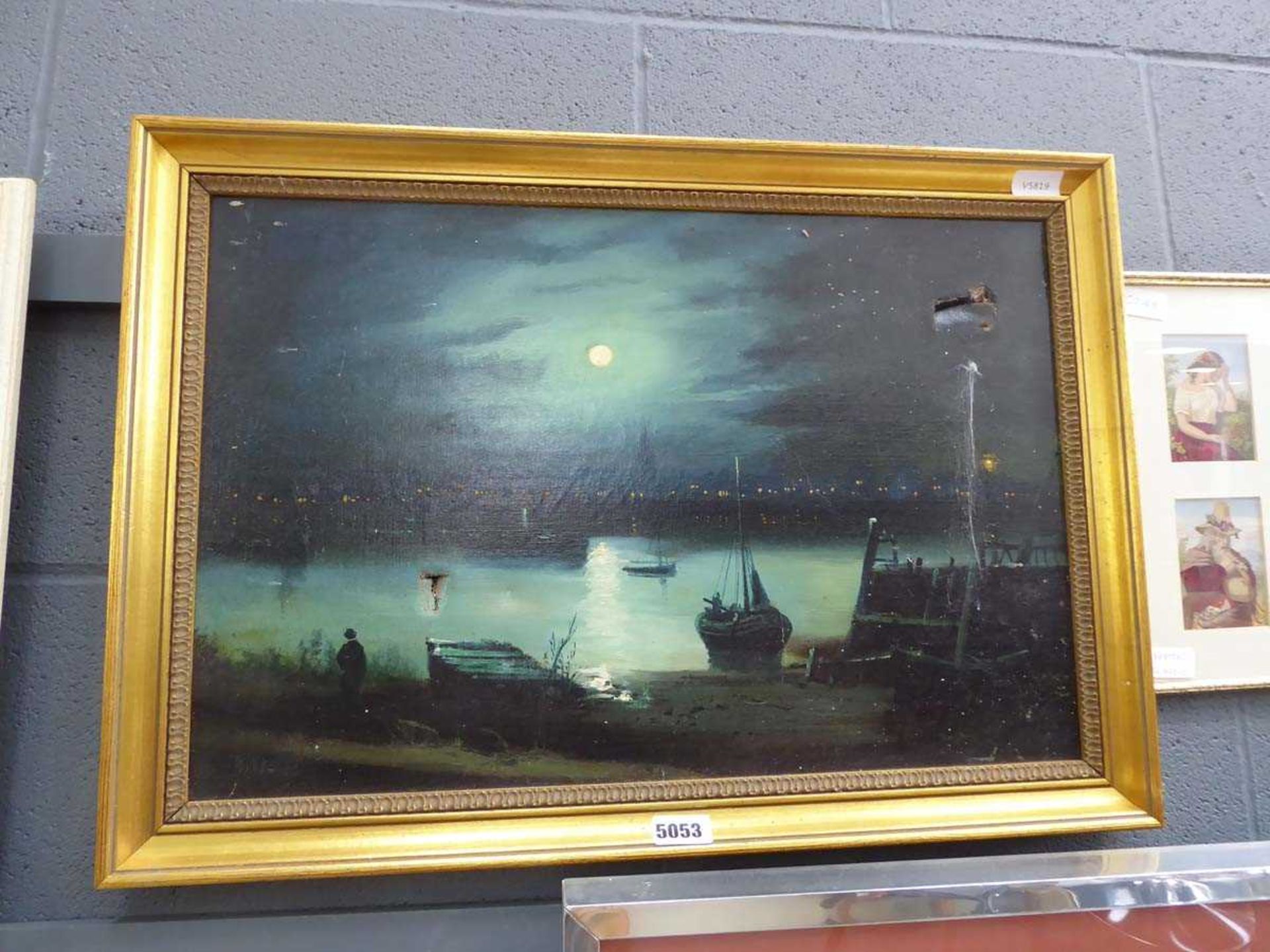 A late-20th century oil on canvas depicting a moonlight harbour scene (af)