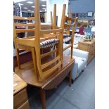 Teak drop side table plus four beech upholstered chairs