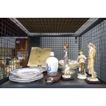 Cage containing ornamental figures, hip flask and Chinese and English crockery