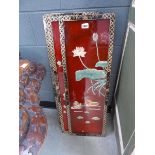 A set of four Japanned and red lacquered screens relief decorated with birds and foliage, 92 x 30 cm