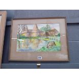 Watercolour with oast houses and pound