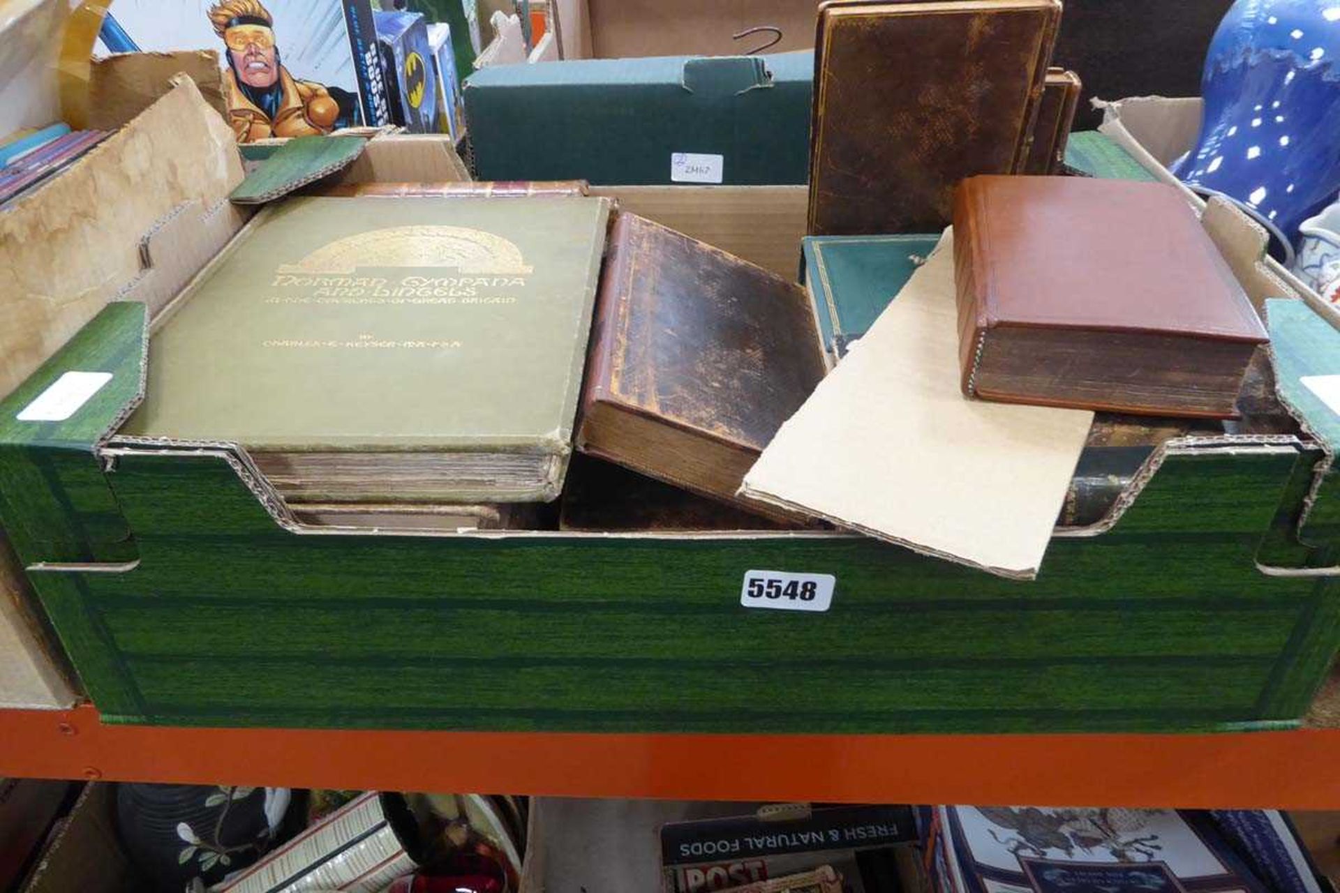 Box containing classic novels, chronicles and reference books