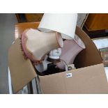 Box containing various table lamps and postcard albums