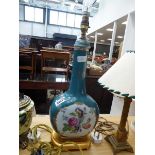 Blue glazed table lamp with rose decoration