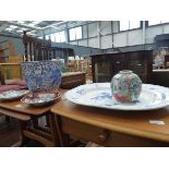 Rose patterned meat platter, 2 x Imari dishes, Cantonese ginger jar without lid, and blue and