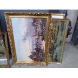 Quantity of prints, including townscape with river and bridge, Canaletto Venetian scene, Flatford