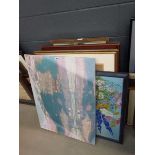 Quantity of paintings and prints, including lady with cat, cityscape with bridge, country