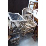 2 x bent cane chairs, magazine rack and lamp table