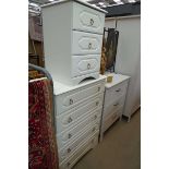 Modern white painted chest of five drawers plus a matching bedside cabinet