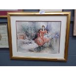 +VAT Gordon King watercolour, lady in red dress with cat in the foreground