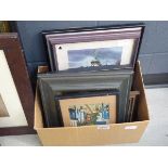 Box containing a quantity of prints, including game birds, Russian church, villagers and lady in