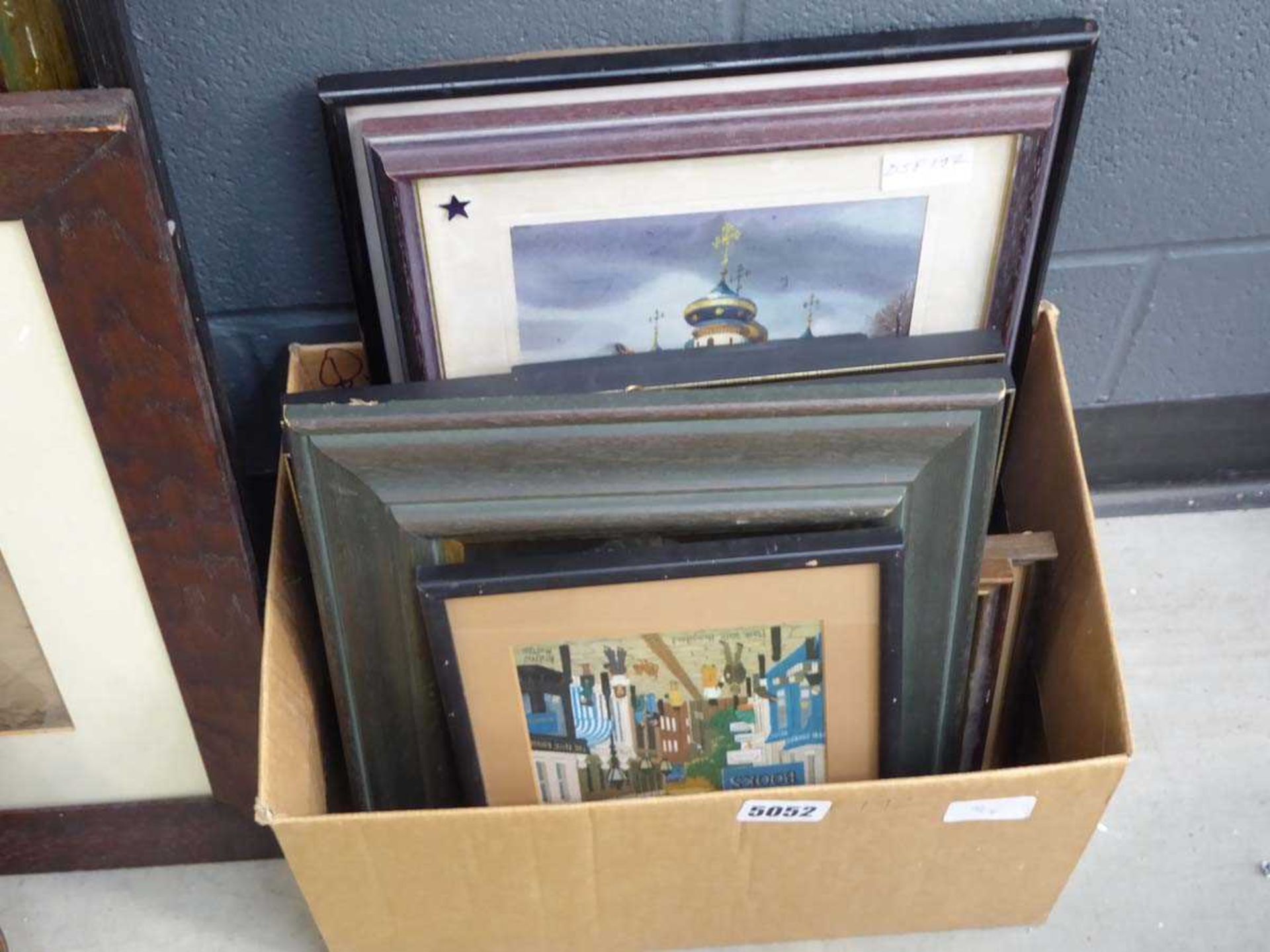 Box containing a quantity of prints, including game birds, Russian church, villagers and lady in