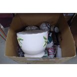 Box containing a large quantity of Denby and other crockery plus ginger jars, plant pots and