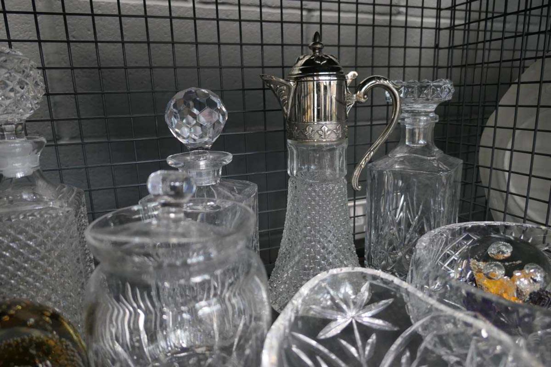 Cage containing a claret jug, decanters, biscuit barrel, paperweights, art deco style figure, jug - Image 2 of 4