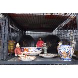 Cage containing oriental dishes, Imari bowl plus a ginger jar, dolls and plates