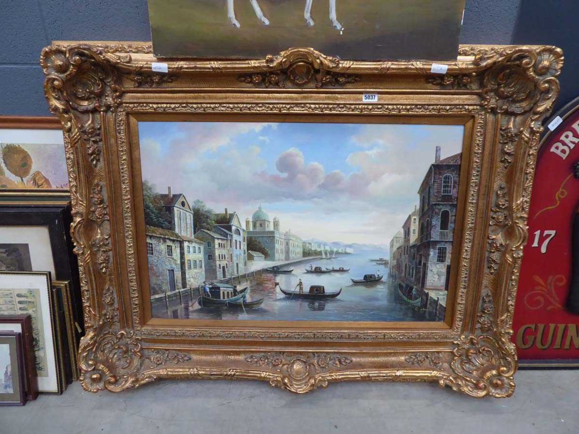 Oil on canvas, Venetian scene with gondolas