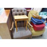 Inlaid Italian musical sewing box plus an armchair, easy chair, picnic bags and a vanity case