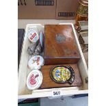 Box containing Victorian boxes, small printing blocks, silver plated pheasants and beer coasters