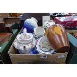 Box containing a teapot, milk jug, blue and white china, treen and a ginger jar