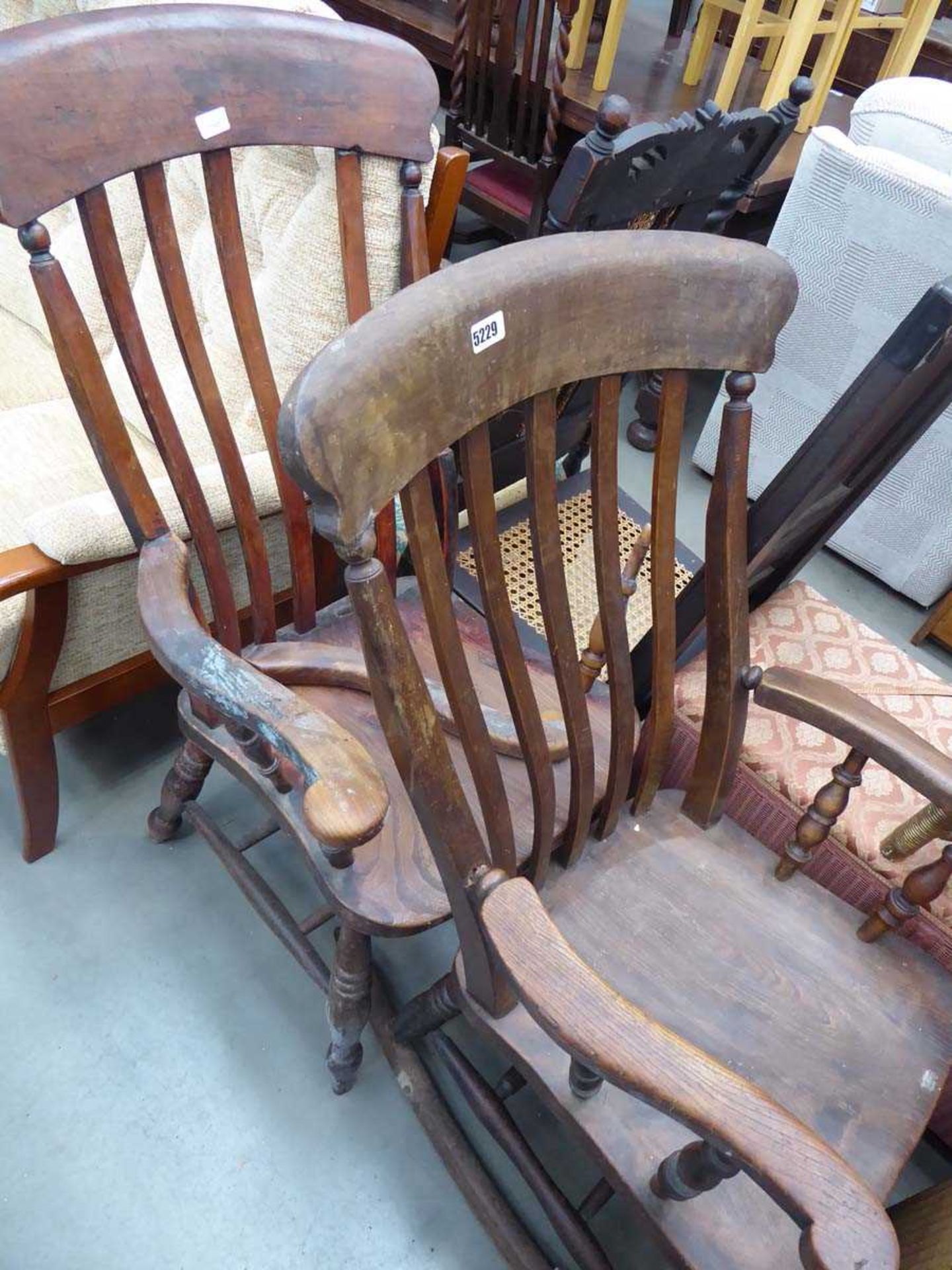 Elm seated rocking chair and arm chair, as found