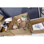 3 boxes containing wooden ornaments, rose patterned crockery, wash stand bowl, various metal plates,