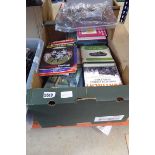 Box containing football programmes, reference books and novels