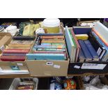 3 boxes containing childrens annuals, reference books and novels