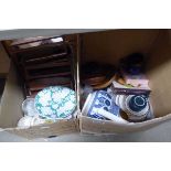 2 boxes containing blue and white china, treen, glassware and general household goods