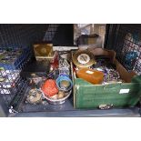 Cage containing prints, costume jewellery, cloisonné, clock, cased teaspoons and Chinese prints