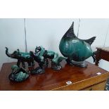 Quantity of Blue Mountain pottery to include a fish vase, elephant, swan, goose and horse