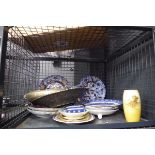 Cage containing Imari plates, Jasper ware, Mason jug and general china