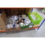 3 boxes containing glassware, teapots, Denby ware, enamelled lidded pot and general crockery