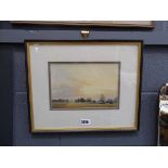 Watercolour, rural scene with church in background