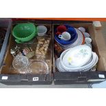 2 boxes containing beer steins, glass fruit bowls, tureens, casserole dishes and coffee mugs