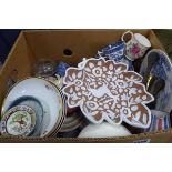 Box containing blue and white and other crockery plus jugs, quartz clocks and a dressing table set