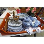 Plastic tray with blue and white ginger jar, blue and white bowls, plant pots and general blue and