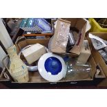 Box containing silver plate, moulded glass, lidded tureen and bowls