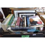 Box containing cricketing biographies, reference books and prints
